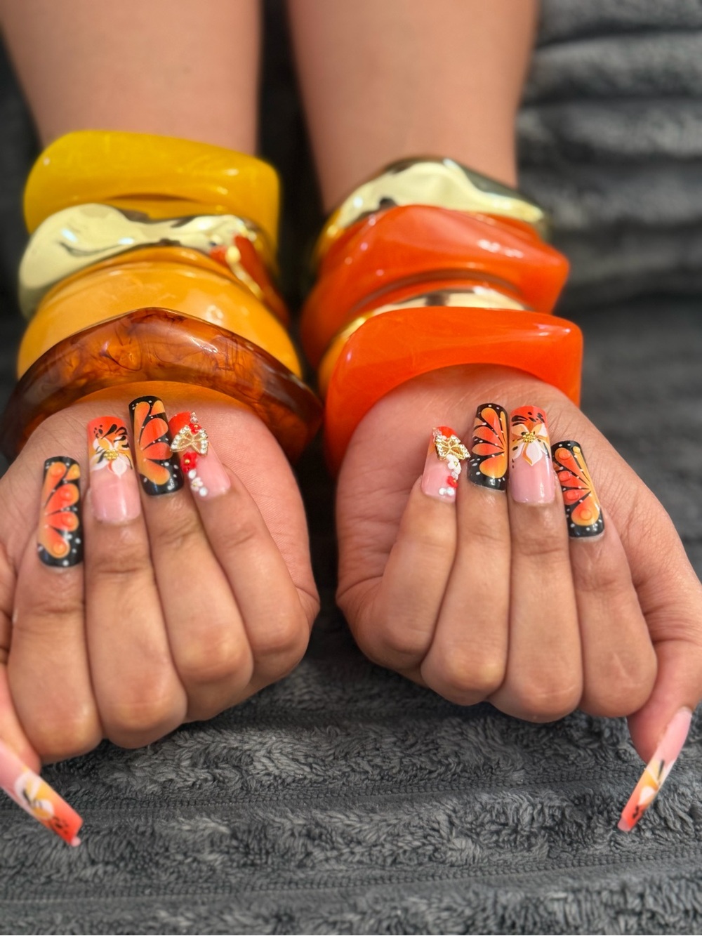 Bright Orange and Yellow Resin Bangle Stack - Women's Fashion Bangles